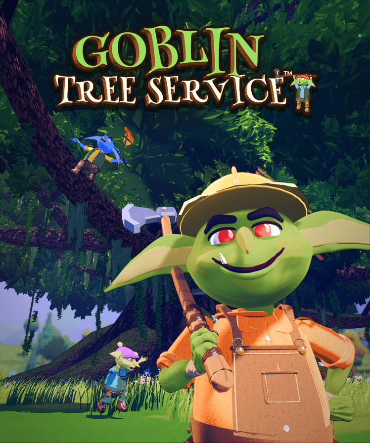 Goblin Tree Service vertical key art: the hard-hat goblin with his axe under the tree.